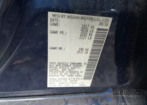 2016 Nissan Altima 2.5 Sr from USA, damaged, VIN 1N4AL3AP6GN374351